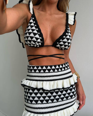 Woochic robe cocktail col en V à volants tricoté rayé,bikini noir S